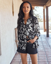 Indie Printed Satin Button Down Blouse - Black Oshnow