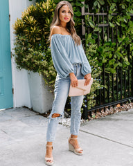 Irene Off The Shoulder Billowed Top - Dusty Blue Oshnow