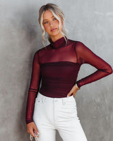 Irresistible Me Mock Neck Sheer Ruched Bodysuit - Merlot Oshnow