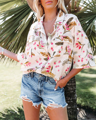 Island Time Linen Blend Floral Button Down Top Oshnow