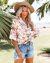 Island Time Linen Blend Floral Button Down Top Oshnow