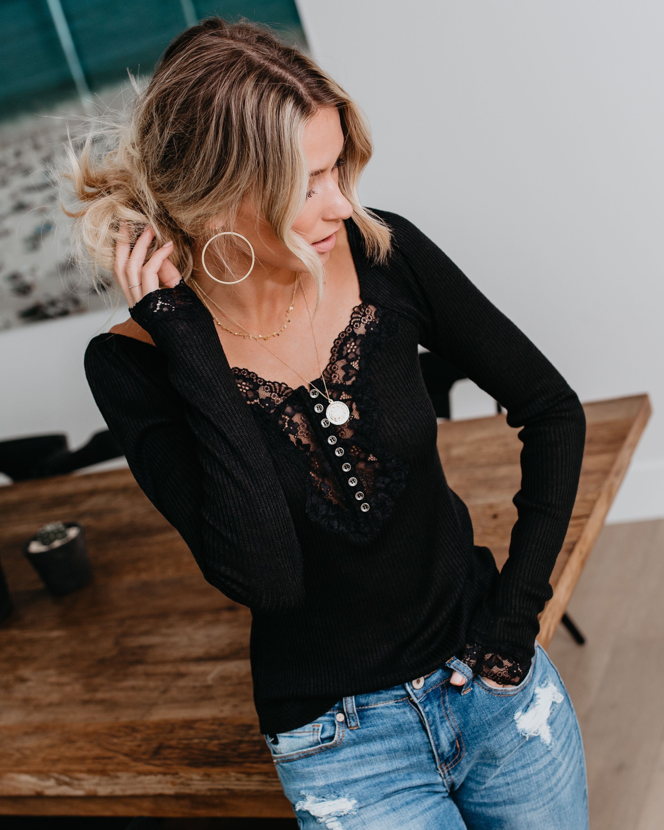 Isn'T It Romantic Lace Henley Top - Black Oshnow