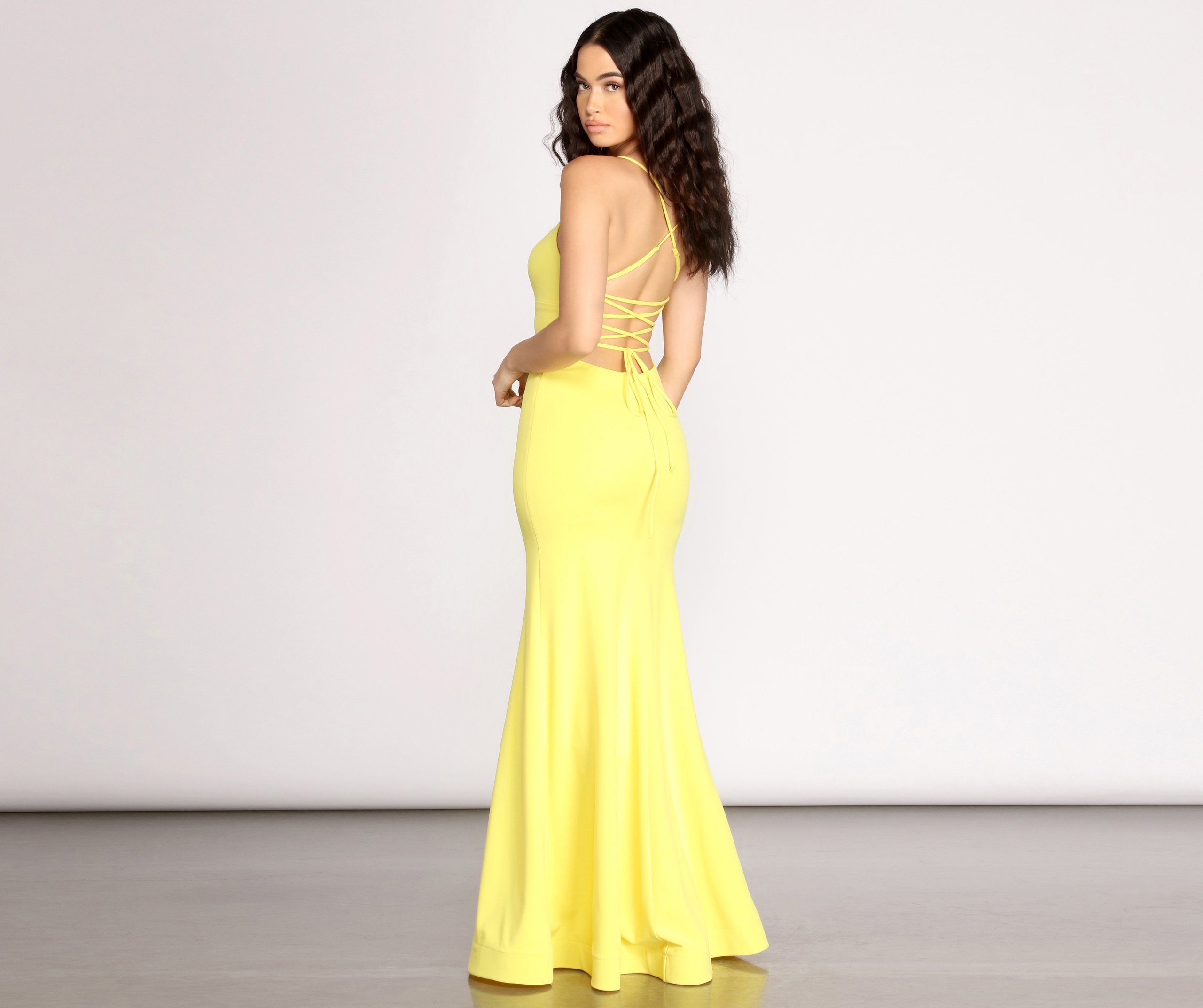 Iva Crepe Lace Up Back Mermaid Dress Oshnow