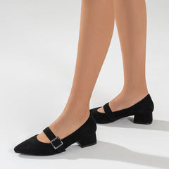 Black Mary Jane Dress Shoes Pointy Toe Low Block Heel Pumps