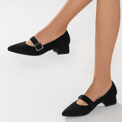 Black Mary Jane Dress Shoes Pointy Toe Low Block Heel Pumps