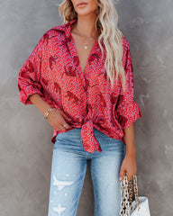 Jaguar Satin Button Down Tie Blouse - Red Oshnow