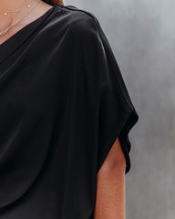 Janay Satin One Shoulder Drape Blouse - Black Oshnow