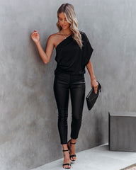 Janay Satin One Shoulder Drape Blouse - Black Oshnow