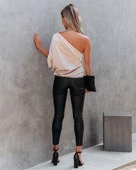 Janay Satin One Shoulder Drape Blouse - Champagne Oshnow