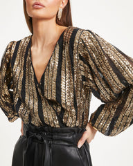 Janella Sequin Padded Shoulder Bodysuit - Gold - SALE Oshnow