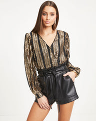 Janella Sequin Padded Shoulder Bodysuit - Gold - SALE Oshnow