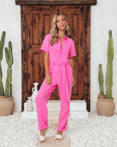 Janice Cotton Pocketed Jumpsuit - Hot Pink Oshnow