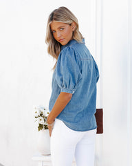 Jen Puff Sleeve Denim Button Down Top - Medium Indigo Oshnow