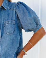 Jen Puff Sleeve Denim Button Down Top - Medium Indigo Oshnow