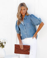 Jen Puff Sleeve Denim Button Down Top - Medium Indigo Oshnow