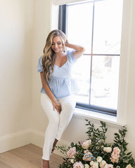 Jenissa Cotton Gingham Puff Sleeve Peplum Top - Powder Blue Oshnow