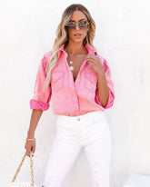 Jiana Distressed Denim Button Down Top - Pink Oshnow