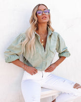 Jiana Distressed Denim Button Down Top - Seafoam Oshnow