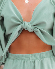 Johan Linen Blend Tie Front Crop Top - Light Sage Oshnow