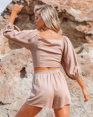 Johan Linen Blend Tie Front Crop Top - Mocha Oshnow