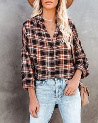 Journee Cotton Plaid Button Down Top - Brown Oshnow