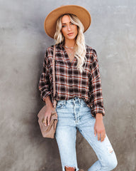 Journee Cotton Plaid Button Down Top - Brown Oshnow