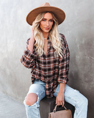 Journee Cotton Plaid Button Down Top - Brown Oshnow