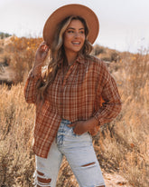 Journee Cotton Plaid Button Down Top - Burnt Orange Oshnow