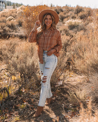 Journee Cotton Plaid Button Down Top - Burnt Orange Oshnow