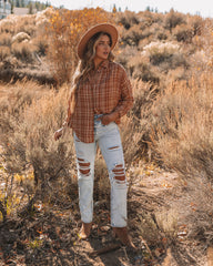 Journee Cotton Plaid Button Down Top - Burnt Orange Oshnow