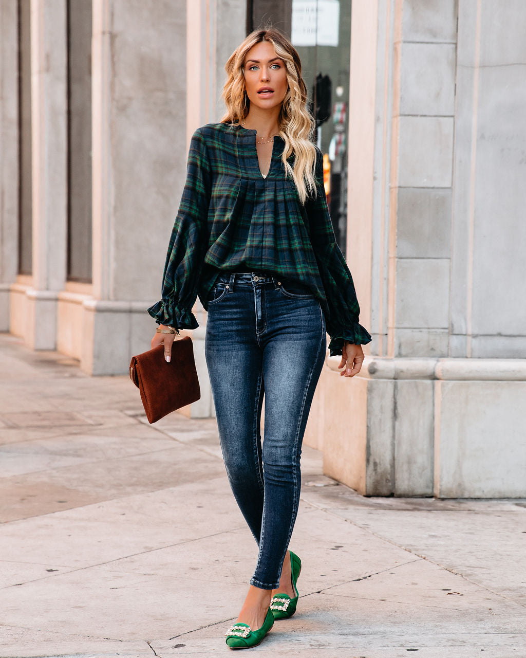 Julien Cotton Plaid Babydoll Top - Green Oshnow