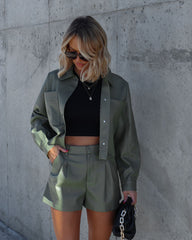 Julissa Faux Leather Pocketed Shorts - Olive Oshnow