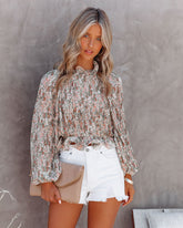 Juny Floral Metallic Plisse Blouse Oshnow