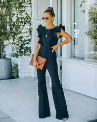 Kadie Cotton Blend Flared Denim Jumpsuit - Black - SALE Oshnow