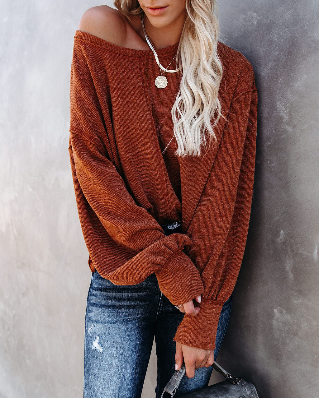 Kaitlynn Billowed Sleeve Knit Top - Rust Oshnow