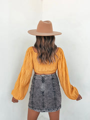 Kaitlynn Textured Tie Front Crop Top - Mustard Oshnow