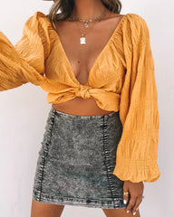 Kaitlynn Textured Tie Front Crop Top - Mustard Oshnow