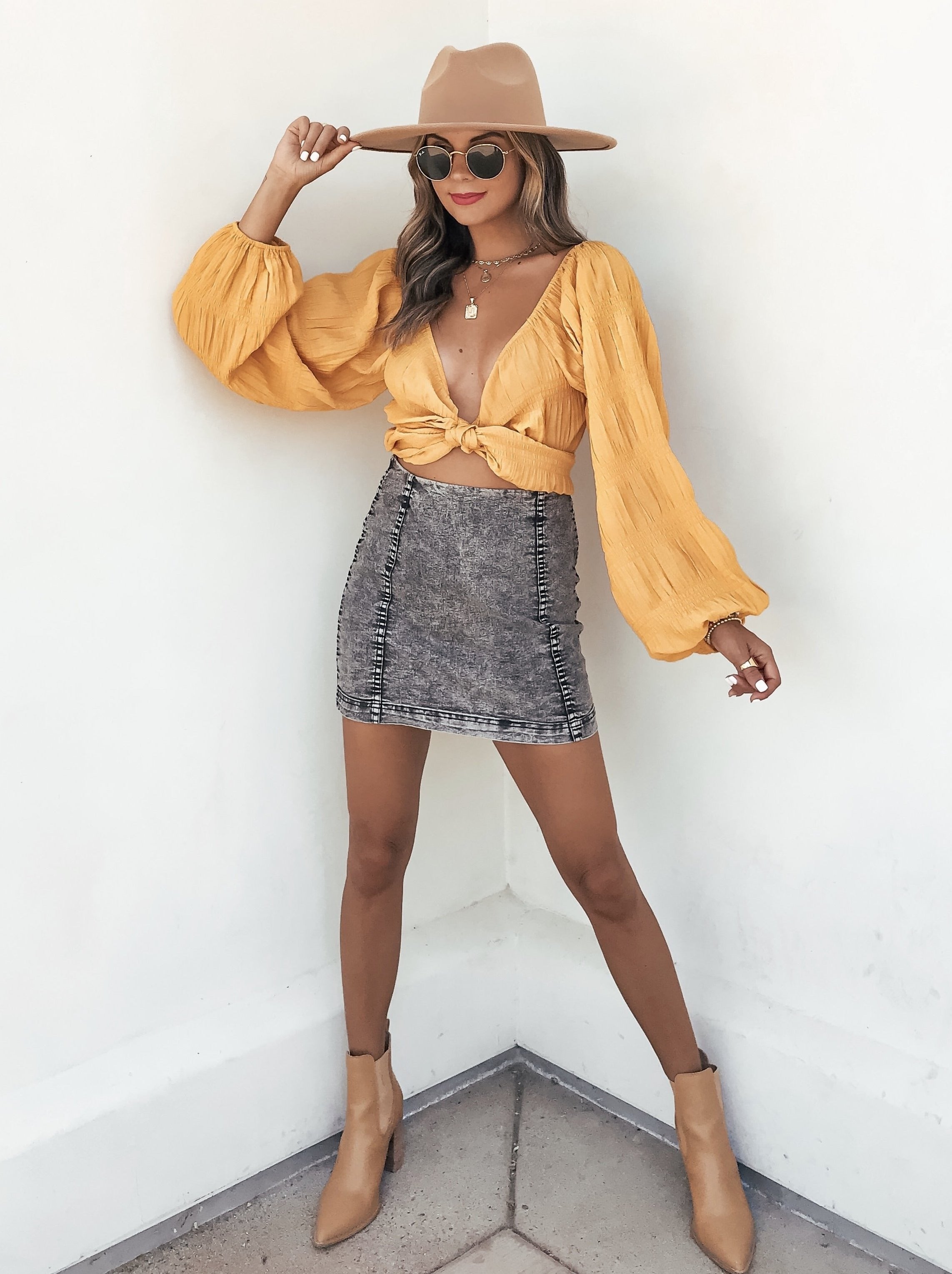 Kaitlynn Textured Tie Front Crop Top - Mustard Oshnow