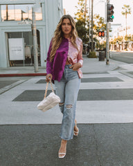 Kamia Satin Colorblock Button Down Blouse - Pink Purple Oshnow