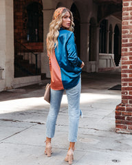 Kamia Satin Colorblock Button Down Blouse - Teal Copper Oshnow