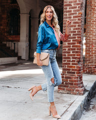 Kamia Satin Colorblock Button Down Blouse - Teal Copper Oshnow