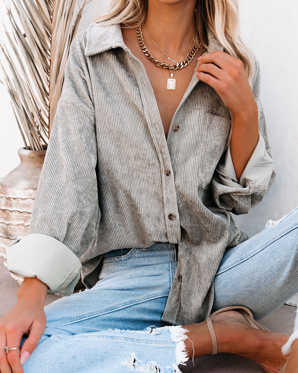 Kamryn Corduroy Button Down Pocket Top - Silver Olive Oshnow
