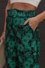 Karol Floral Pocketed Belted Pants - Green Oshnow
