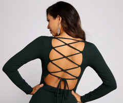 Kayla Long Sleeve Lace-Up Back Formal Dress Oshnow