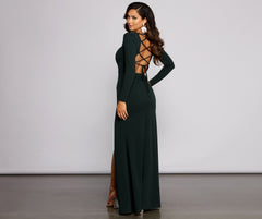 Kayla Long Sleeve Lace-Up Back Formal Dress Oshnow