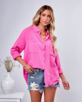 Keane Cotton Frayed Button Down Top - Pink Oshnow