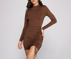 Keeping Knit Chic Mock Neck Ruched Mini Dress Oshnow