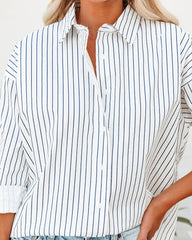 Kendall Cotton Striped Button Down Top - White Navy Oshnow