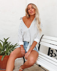 Kendall Cotton Striped Button Down Top - White Navy Oshnow
