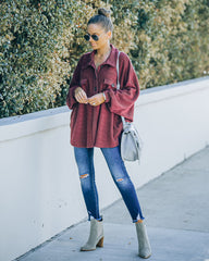 Kiandra Cotton French Terry Henley Top - Burgundy Oshnow